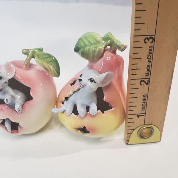 Adorable Vintage MCM Napcowear Ceramic Mouse in Apple Pear Toothpick Holder Set - Picture 5 of 5
